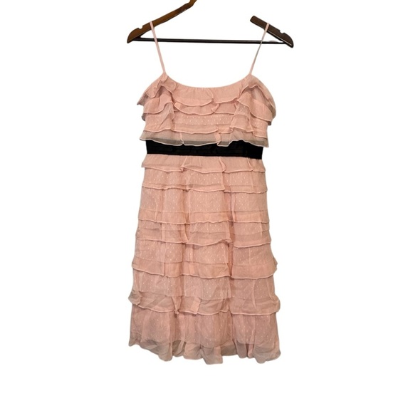 Women's BCBGMaxAzria Soft Ballet Pink Dress with Ruffles & Black Waistband - Picture 1 of 14